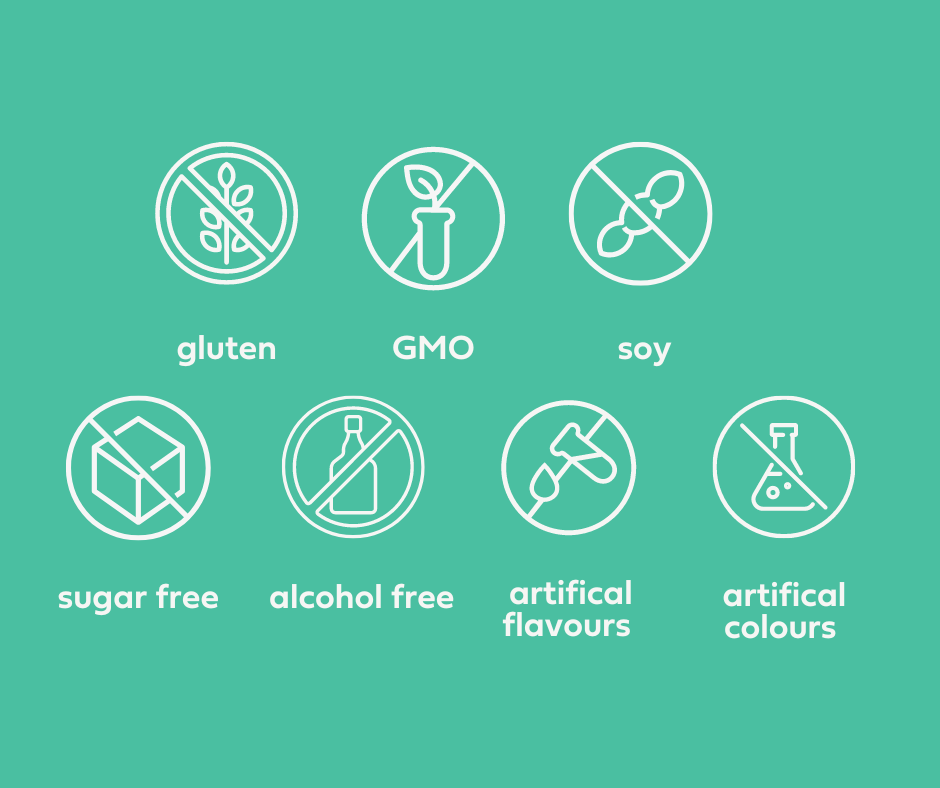 Aguulp for gut is free from gluten, soy, sugar, gmo, artificial colours and flavours and alcohol free.
