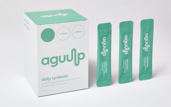 Aguulp Synbiotic box and three individual synbiotic sachets